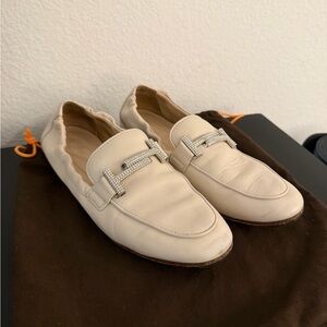 Tod’s Double T Rhinestone Loafers in Ivory Leather, Size 37